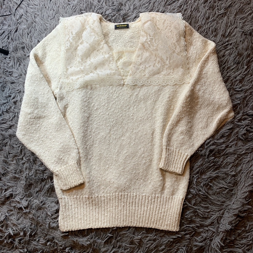 Vintage 1980s Backstage white lace sailor style collar cross stitch sweater